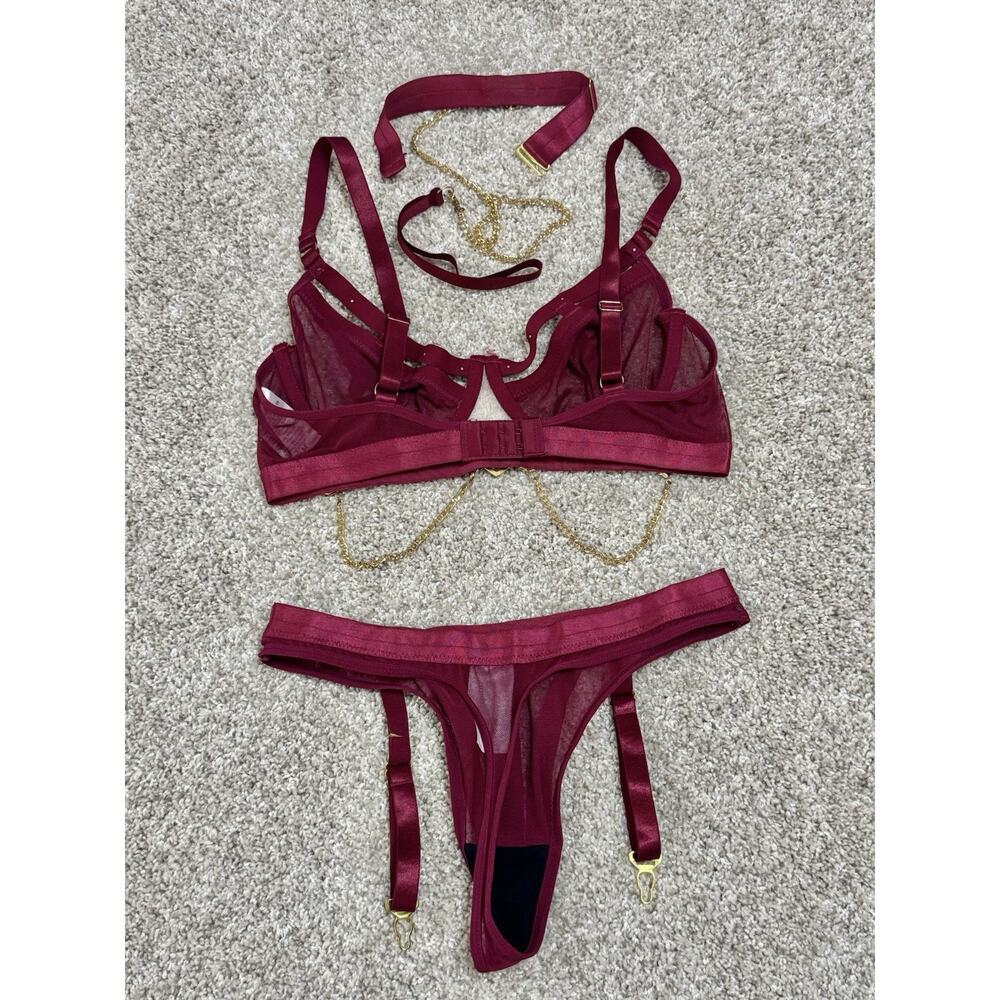 Burgundy 4pc Lace Rhinestone Heart Lingerie Set Robe Bra Garter Thong Choker M/L - Picture 8 of 10